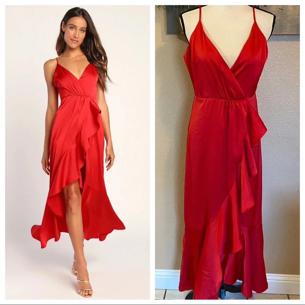 NWOT Lulus Enchanted Moments Red Satin Ruffled High-Low Dress
